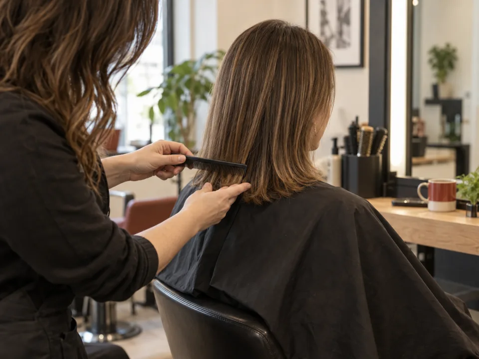 Mise en scène d’une consultation de coupe pour confirmer la longueur souhaitée