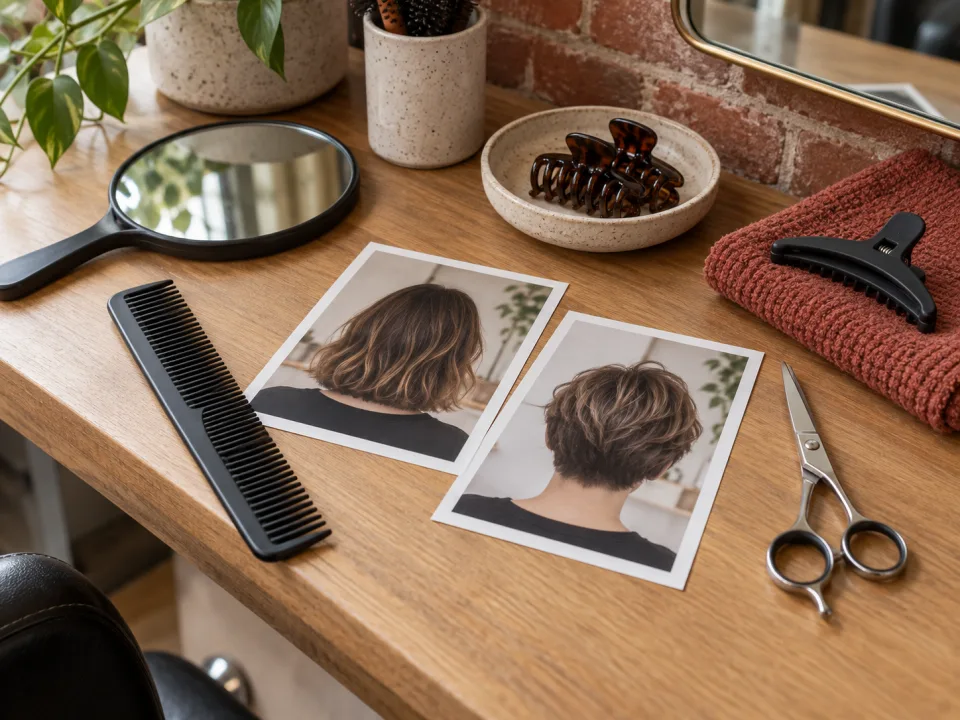 Mise en scène d’un peigne, d’un miroir, de ciseaux fermés et de références de coupe