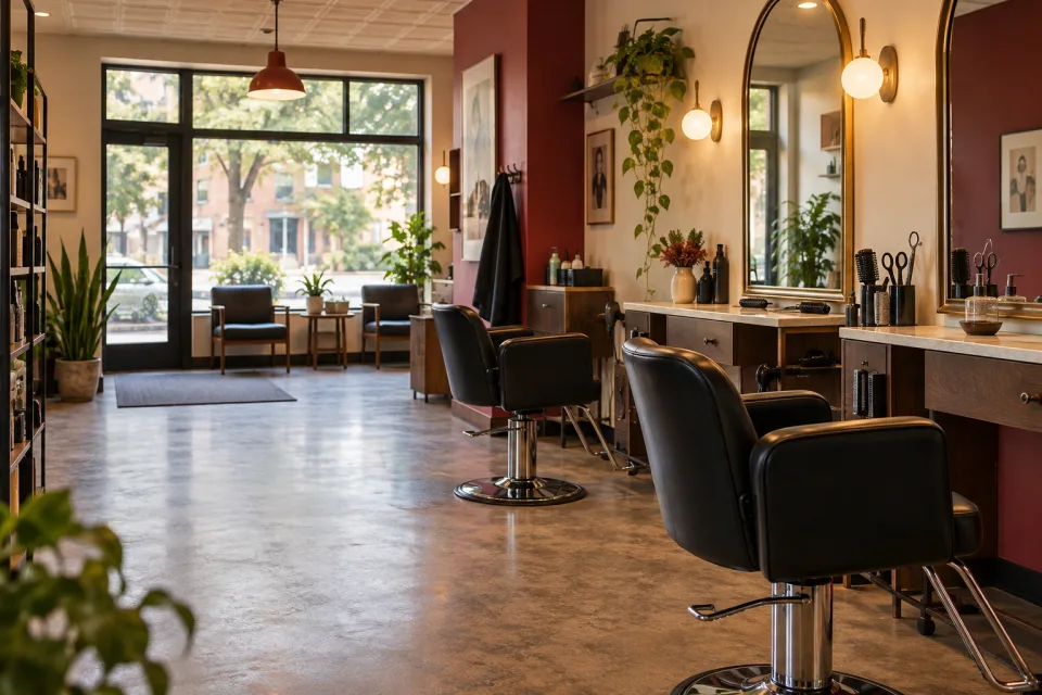 Mise en scène d’un salon de quartier avec fauteuils de coiffure