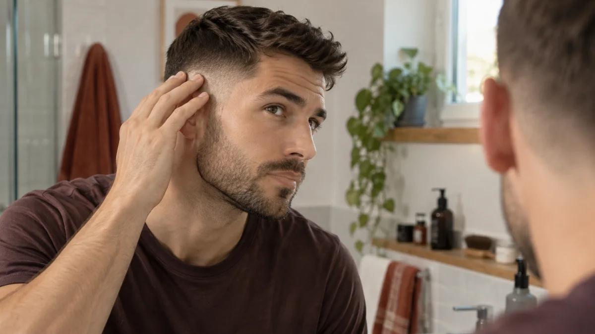 Profil soigné d’une coupe fade dans une ambiance de salon contemporaine