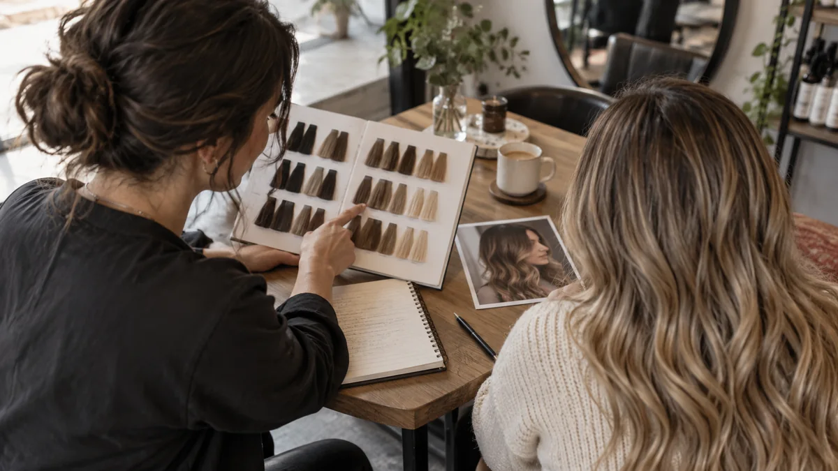 Coiffeuse présentant des nuances de couleur pendant une consultation