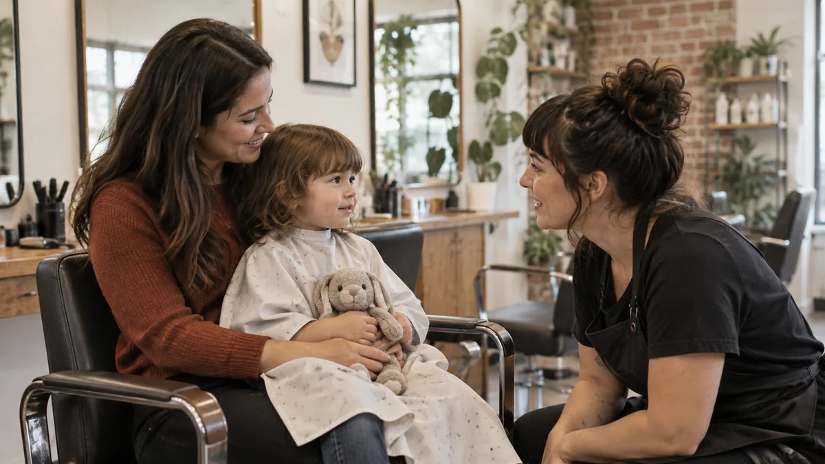 Enfant rassuré pendant une première coupe dans un salon accueillant