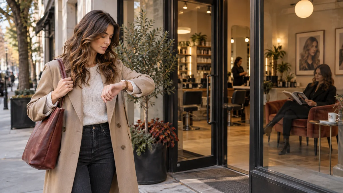 Cliente consultant son agenda devant l’accueil lumineux d’un salon